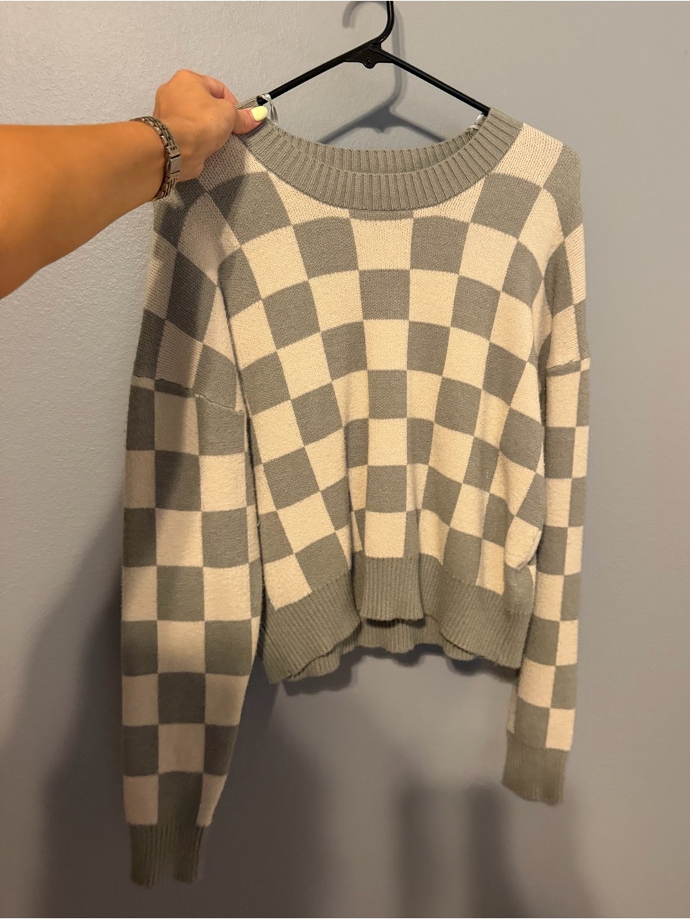 Checkerboard Crewneck Sweater - Green & Cream